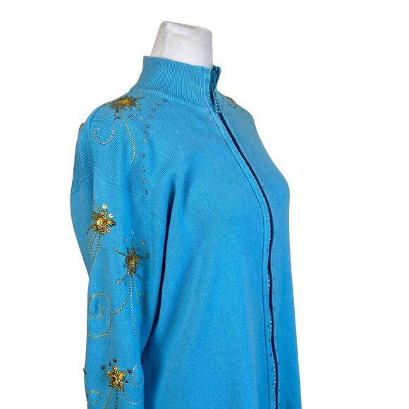 Quacker Factory Vtg 90s Holiday Cardigan With Star Appliquè Turquoise & Gold - Picture 3 of 16